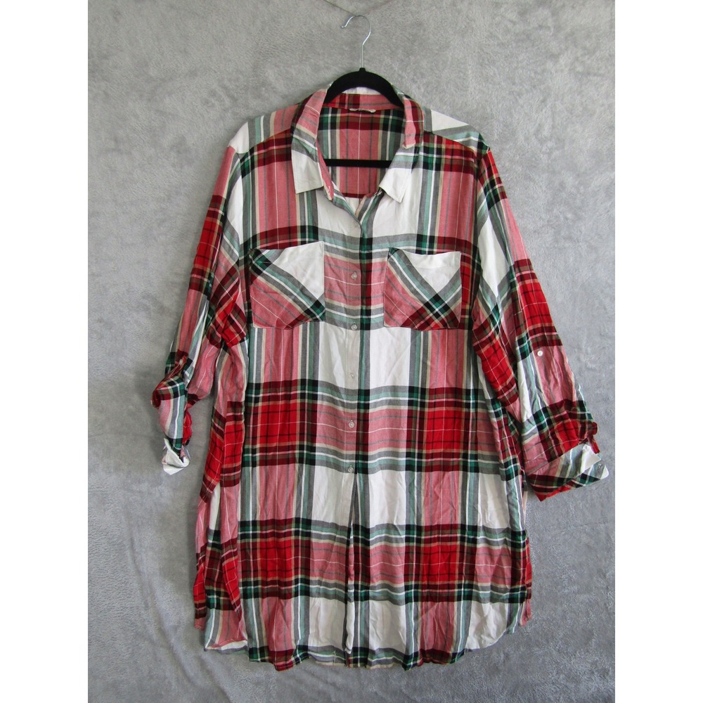 Cato Womens Red White Green Plaid Button Down Roll Tab Sleeve Tunic Shirt XL